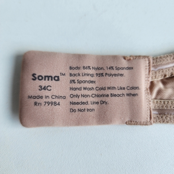 Soma Eva Strapless Bra 34C Satin Unlined Underwire Side Boning Tan Nude Floral - Picture 8 of 9